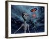 Grey Aliens and their Flying Saucer, Visiting Earth-null-Framed Art Print
