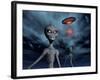 Grey Aliens and their Flying Saucer, Visiting Earth-null-Framed Art Print