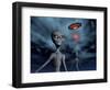 Grey Aliens and their Flying Saucer, Visiting Earth-null-Framed Art Print