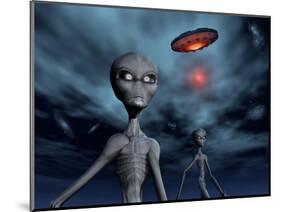 Grey Aliens and their Flying Saucer, Visiting Earth-null-Mounted Art Print