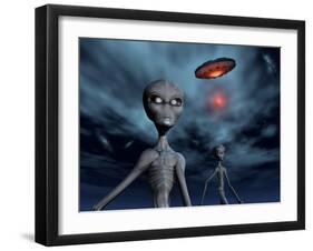 Grey Aliens and their Flying Saucer, Visiting Earth-null-Framed Art Print