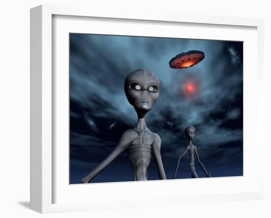 Grey Aliens and their Flying Saucer, Visiting Earth-null-Framed Art Print