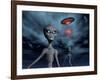 Grey Aliens and their Flying Saucer, Visiting Earth-null-Framed Art Print