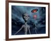 Grey Aliens and their Flying Saucer, Visiting Earth-null-Framed Art Print