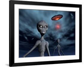 Grey Aliens and their Flying Saucer, Visiting Earth-null-Framed Art Print