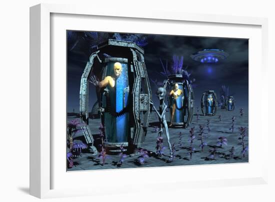 Grey Aliens Awaking Humanoid Clones in Bio-Transport Containers-Stocktrek Images-Framed Art Print