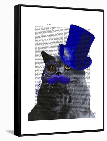 Grey Cat with Blue Top Hat and Blue Moustache-Fab Funky-Framed Stretched Canvas