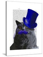 Grey Cat with Blue Top Hat and Blue Moustache-Fab Funky-Stretched Canvas