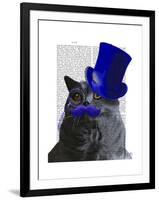 Grey Cat with Blue Top Hat and Blue Moustache-Fab Funky-Framed Art Print