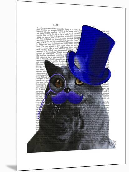 Grey Cat with Blue Top Hat and Blue Moustache-Fab Funky-Mounted Art Print