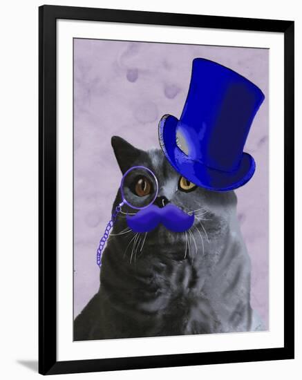 Grey Cat with Blue Top Hat and Moustache-Fab Funky-Framed Art Print