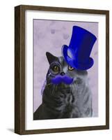 Grey Cat with Blue Top Hat and Moustache-Fab Funky-Framed Art Print