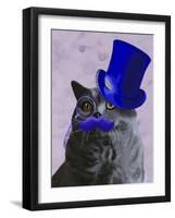 Grey Cat with Blue Top Hat and Moustache-Fab Funky-Framed Art Print