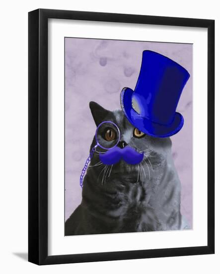 Grey Cat with Blue Top Hat and Moustache-Fab Funky-Framed Art Print