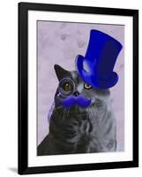 Grey Cat with Blue Top Hat and Moustache-Fab Funky-Framed Art Print