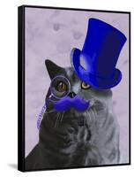 Grey Cat with Blue Top Hat and Moustache-Fab Funky-Framed Stretched Canvas