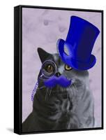 Grey Cat with Blue Top Hat and Moustache-Fab Funky-Framed Stretched Canvas