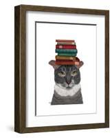 Grey Cat with Books on Head-Fab Funky-Framed Art Print