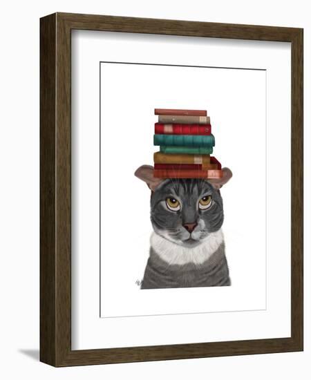 Grey Cat with Books on Head-Fab Funky-Framed Art Print