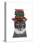 Grey Cat with Books on Head-Fab Funky-Stretched Canvas