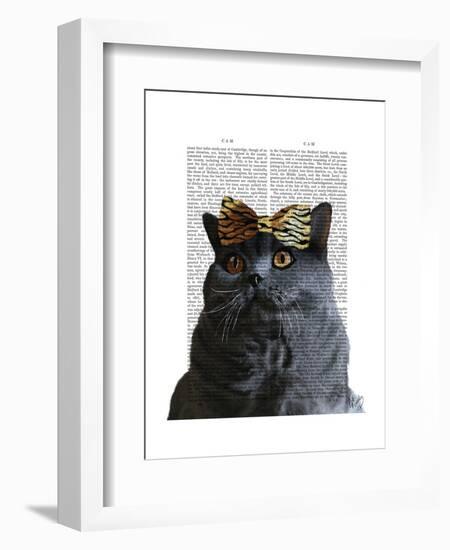 Grey Cat with Leopard Bow-Fab Funky-Framed Art Print