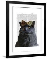 Grey Cat with Leopard Bow-Fab Funky-Framed Art Print