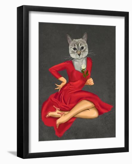 Grey Cat with White Rose-Fab Funky-Framed Art Print