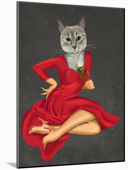 Grey Cat with White Rose-Fab Funky-Mounted Art Print