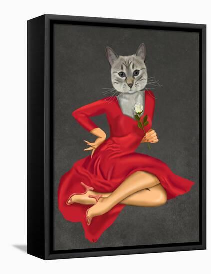 Grey Cat with White Rose-Fab Funky-Framed Stretched Canvas