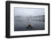 Grey Heron (Ardea Cinerea) on Ice, Feeding on Fish, River Tame, Reddish Vale Country Park, UK-Terry Whittaker-Framed Photographic Print