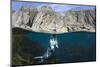 Grey Seal (Halichoerus Grypus) Surfacing Beneath Cliffs, Lundy Island, Devon, UK, June-Alex Mustard-Mounted Photographic Print