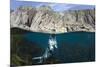 Grey Seal (Halichoerus Grypus) Surfacing Beneath Cliffs, Lundy Island, Devon, UK, June-Alex Mustard-Mounted Photographic Print