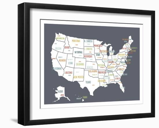 Grey USA Map-Kindred Sol Collective-Framed Art Print