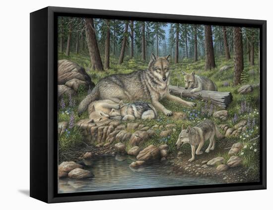 Grey Wolf Mother and Pups-Robert Wavra-Framed Stretched Canvas