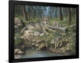 Grey Wolf Mother and Pups-Robert Wavra-Framed Premium Giclee Print