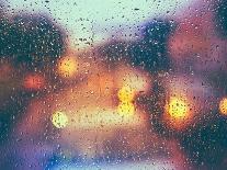 Drops of Rain on Blue Glass Background. Street Bokeh Lights out of Focus. Autumn Abstract Backdrop-Grisha Bruev-Photographic Print
