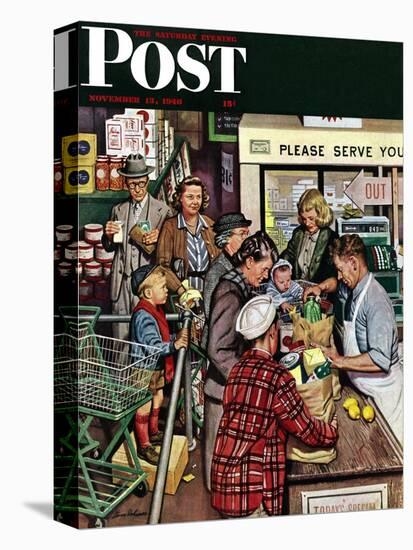 "Grocery LIne," Saturday Evening Post Cover, November 13, 1948-Stevan Dohanos-Stretched Canvas