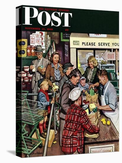 "Grocery LIne," Saturday Evening Post Cover, November 13, 1948-Stevan Dohanos-Stretched Canvas