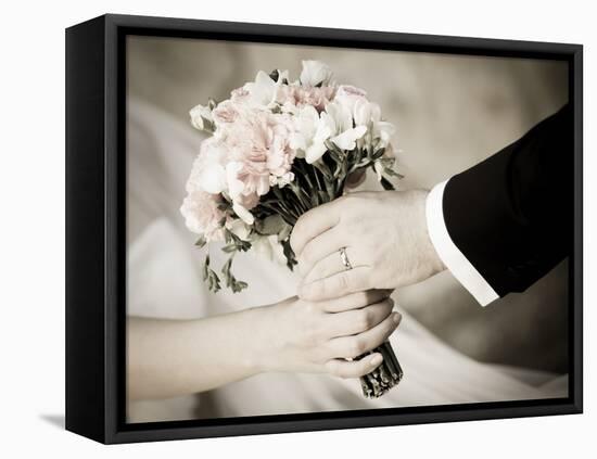 Groom Handing Wedding Bouquet to Bride-melis-Framed Stretched Canvas