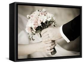 Groom Handing Wedding Bouquet to Bride-melis-Framed Stretched Canvas