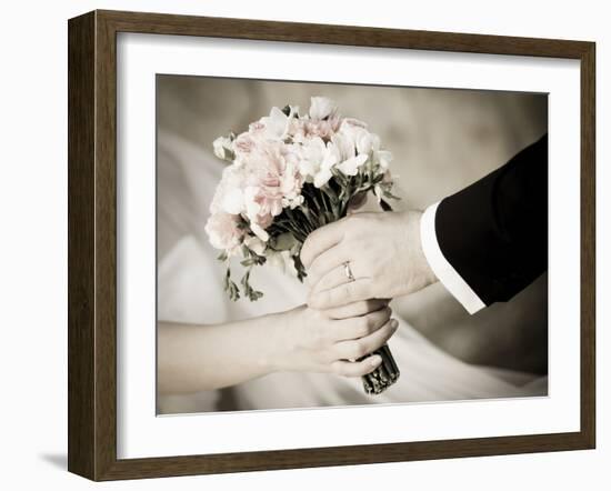 Groom Handing Wedding Bouquet to Bride-melis-Framed Photographic Print