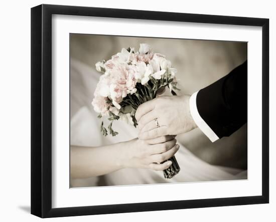 Groom Handing Wedding Bouquet to Bride-melis-Framed Photographic Print