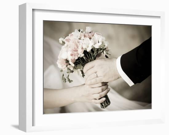 Groom Handing Wedding Bouquet to Bride-melis-Framed Photographic Print