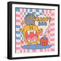 Groovy Boo - Square 70S Hippie Style Poster for Halloween Party Holiday. Furry Monster Growls at Th-Svetlana Shamshurina-Framed Photographic Print