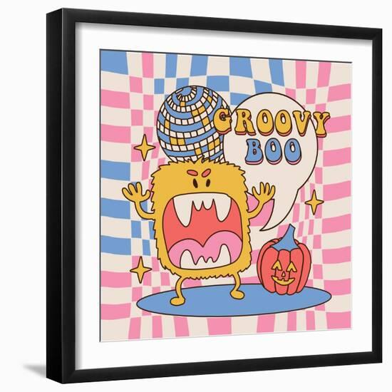 Groovy Boo - Square 70S Hippie Style Poster for Halloween Party Holiday. Furry Monster Growls at Th-Svetlana Shamshurina-Framed Photographic Print