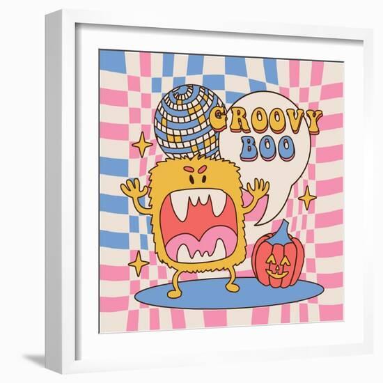 Groovy Boo - Square 70S Hippie Style Poster for Halloween Party Holiday. Furry Monster Growls at Th-Svetlana Shamshurina-Framed Photographic Print