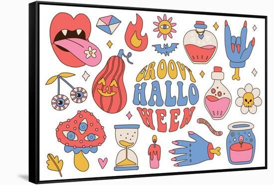 Groovy Retro 70S Halloween Big Set of Spooky Elements. Psychedelic Scary Stickers. Hippie Style Hol-Svetlana Shamshurina-Framed Stretched Canvas