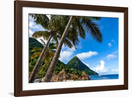 Gros Piton, with palm trees and thatched sun umbrellas, Sugar Beach, St. Lucia, Windward Islands, W-Martin Child-Framed Photographic Print