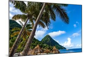 Gros Piton, with palm trees and thatched sun umbrellas, Sugar Beach, St. Lucia, Windward Islands, W-Martin Child-Mounted Photographic Print