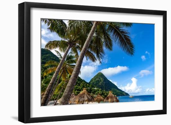 Gros Piton, with palm trees and thatched sun umbrellas, Sugar Beach, St. Lucia, Windward Islands, W-Martin Child-Framed Photographic Print